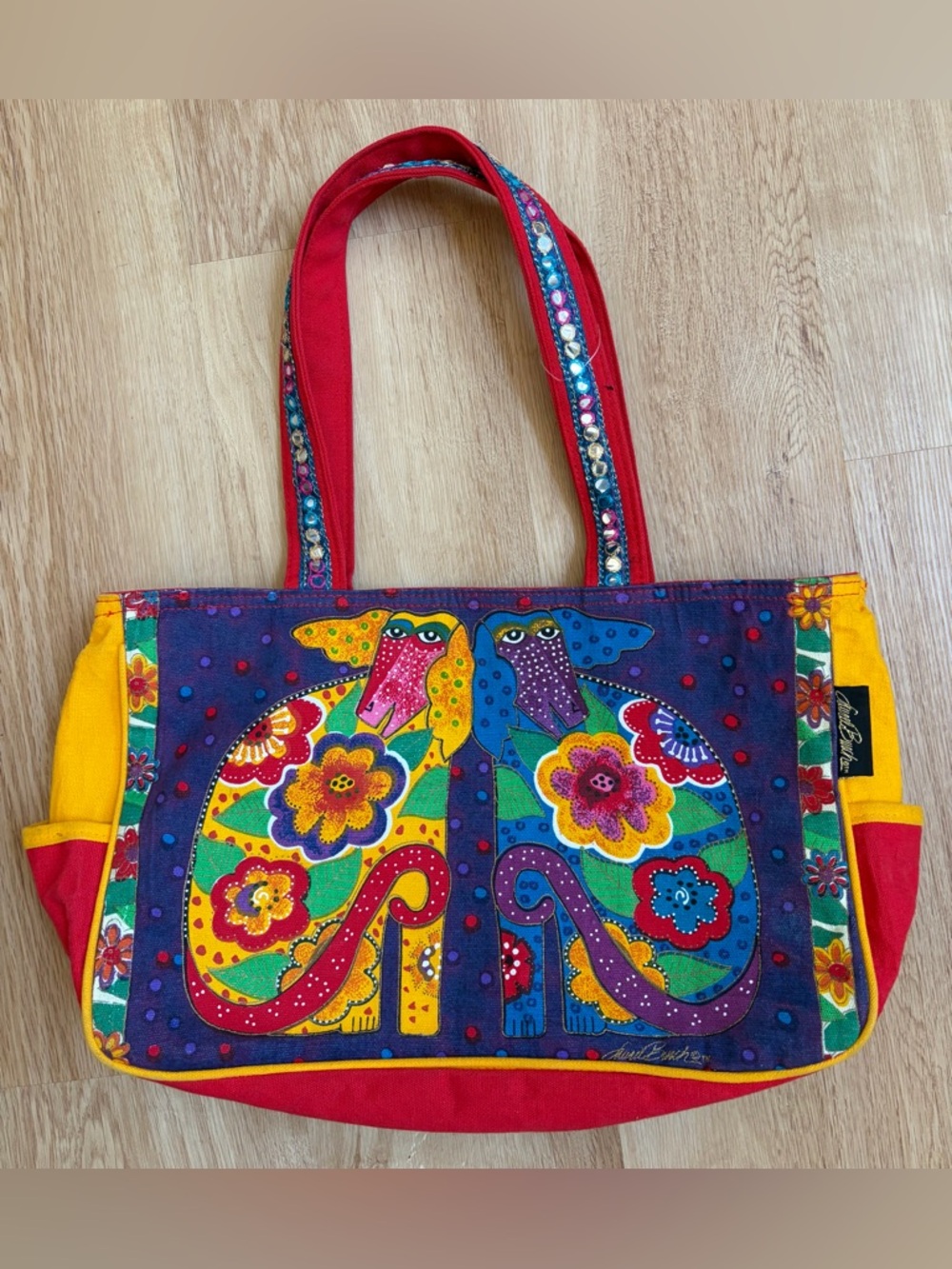 Laurel Burch Floral Colorful Canvas Tote Bag Red Multicolor cat dog